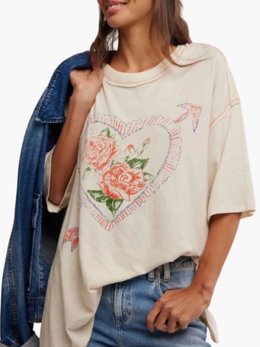 Free People We The Free Love Rose Tee L Ivory Oversized Graphic T-Shirt Boho